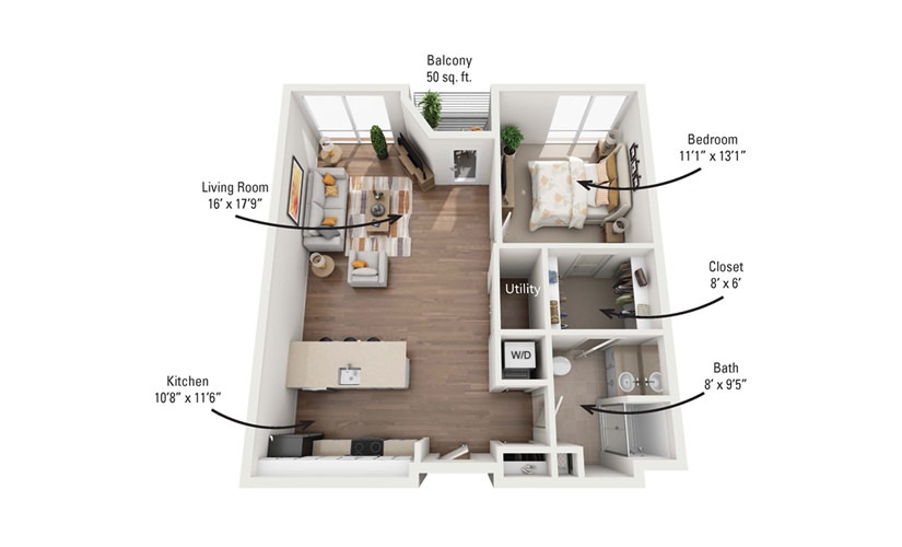 1A 1 Bedroom 1 Bath Floorplan