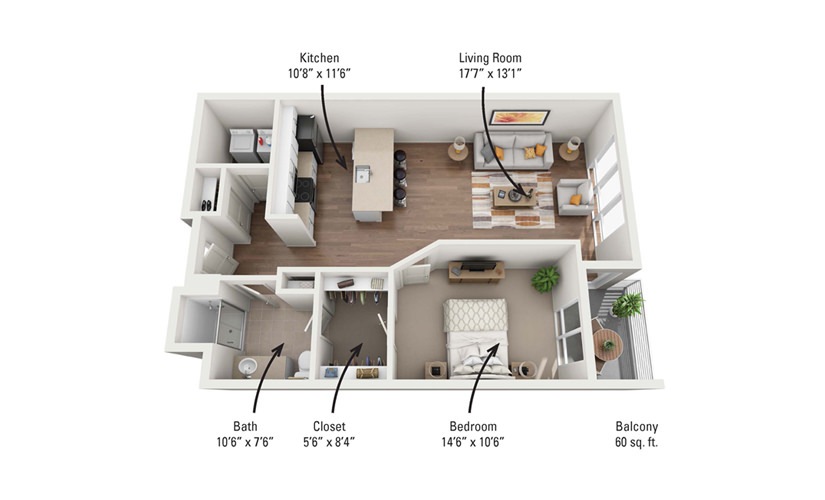 1B 1 Bedroom 1 Bath Floorplan