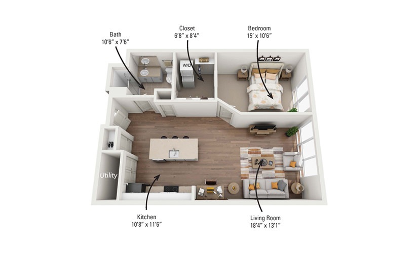 1C 1 Bedroom 1 Bath Floorplan