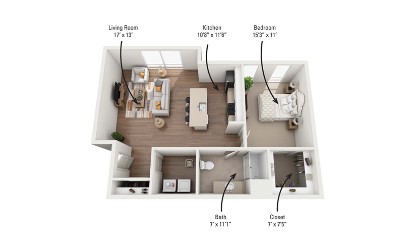 1D 1 Bedroom 1 Bath Floorplan