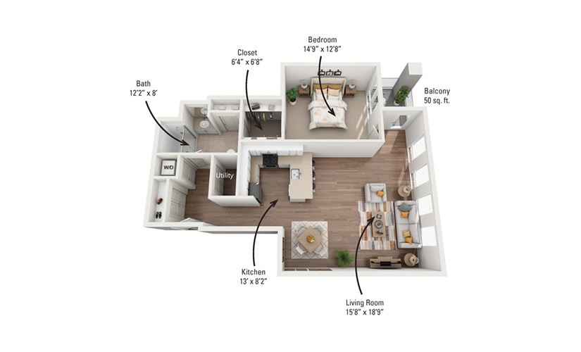 1E 1 Bedroom 1 Bath Floorplan