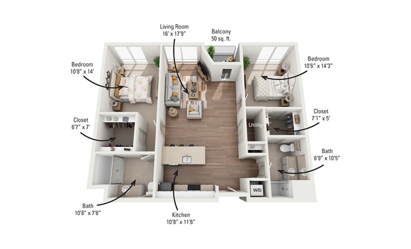 2A 2 Bedroom 2 Bath Floorplan