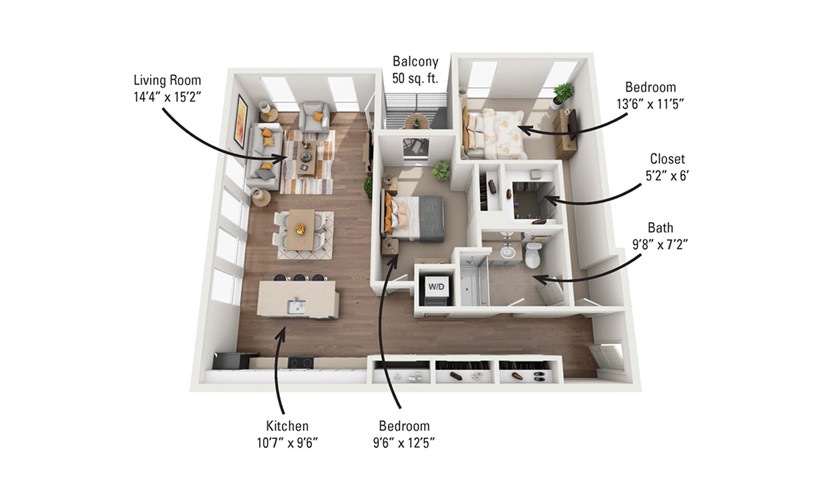 2B 2 Bedroom 1 Bath Floorplan