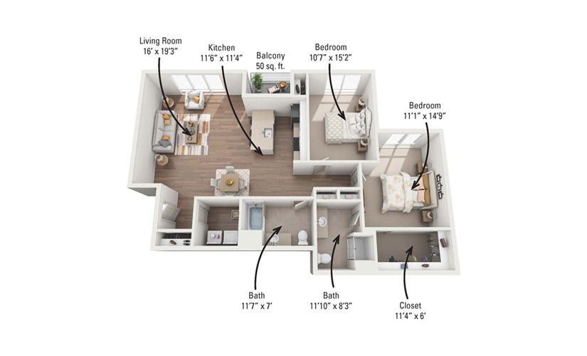 2C 2 Bedroom 2 Bath Floorplan