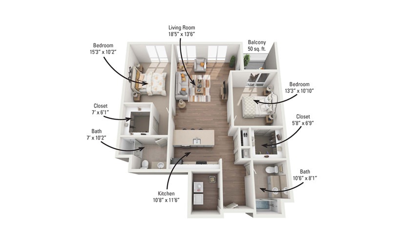 2D 2 Bedroom 2 Bath Floorplan